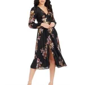 NEW Dress the Population Foil Floral Pleated Long Sleeve Midi Dress Size Medium